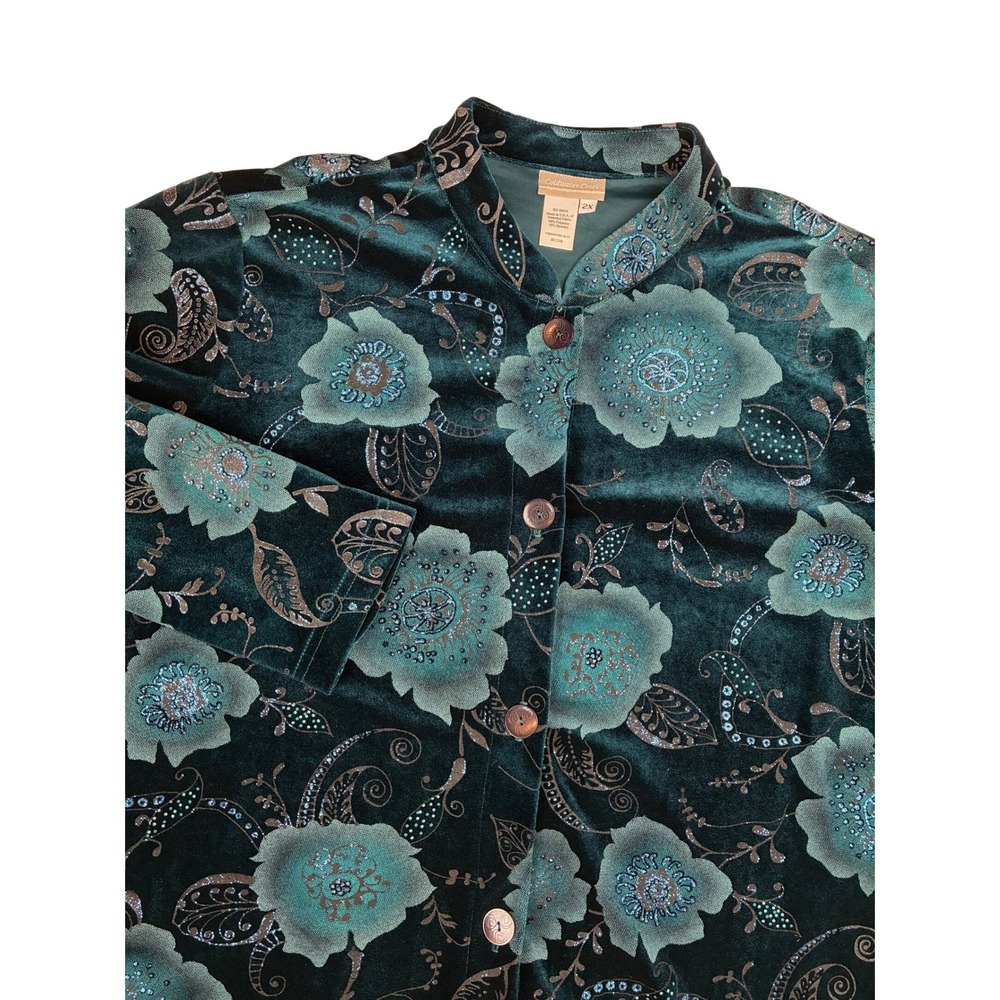 Coldwater Creek Velvet Jacket 2X Teal Sparkle Floral Mandarin‎ Collar Asian Insp